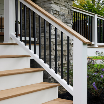 Classic Composite Series, Drink Rail, Aluminum Balusters (Matte White) Decking Vintage Collection (Weathered Teak)