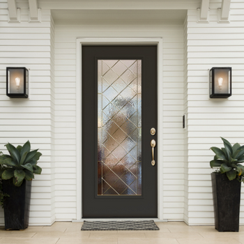 JELD-WEN Architectural Collection Fiberglass Exterior Door_ Full View Glass Panel (in Black with Brass) and Decorative Glass (Harris)